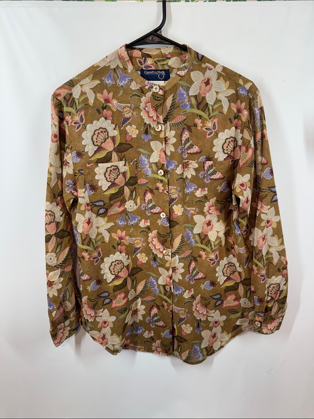 Vintage Country Shop Floral Blouse Brown Pink Butterfly Mandarin Collar size S